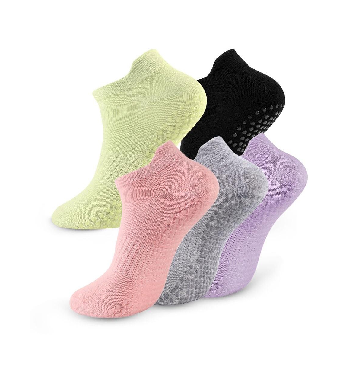 Sportneer 5 Pairs Non Slip Grip Pilates Yoga Barre Socks For Women - A - black gray pink green purple