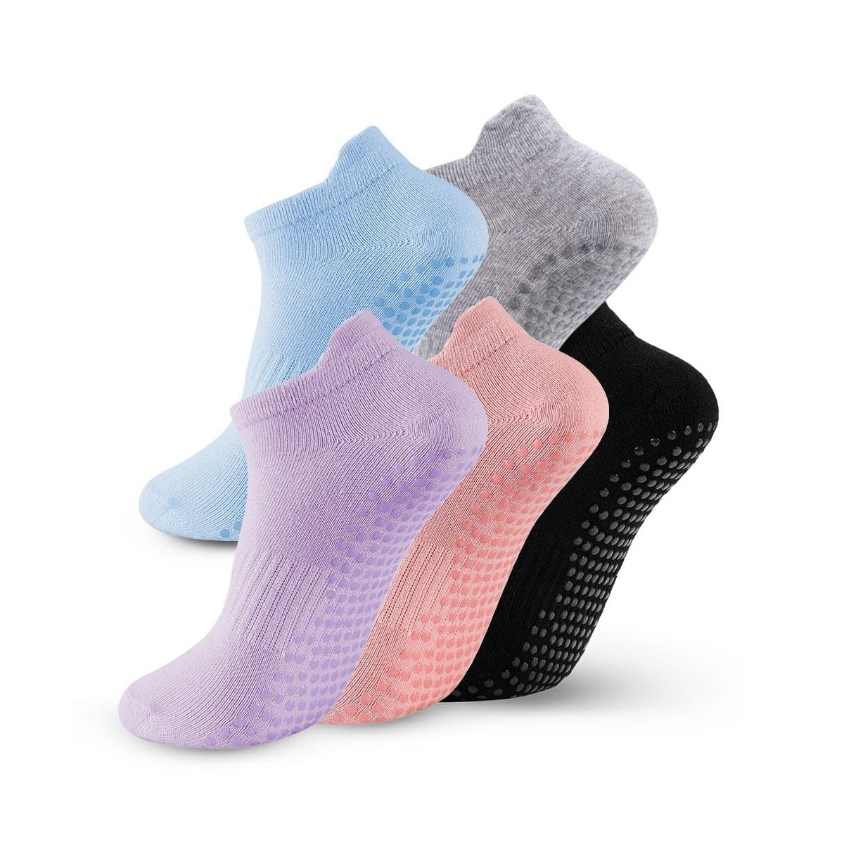 Sportneer 5 Pairs Non Slip Grip Pilates Yoga Barre Socks For Women - A - black gray pink purple blue