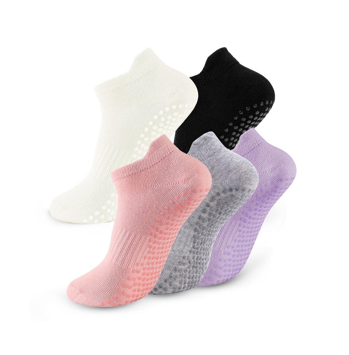 Sportneer 5 Pairs Non Slip Grip Pilates Yoga Barre Socks For Women - A - purple white pink gray black