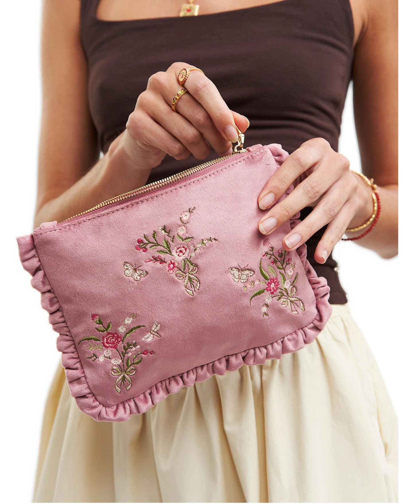 Женские кошельки Fable England Floral Posy Embroidered Velvet Pouch, цвет: Розовый — фото 2