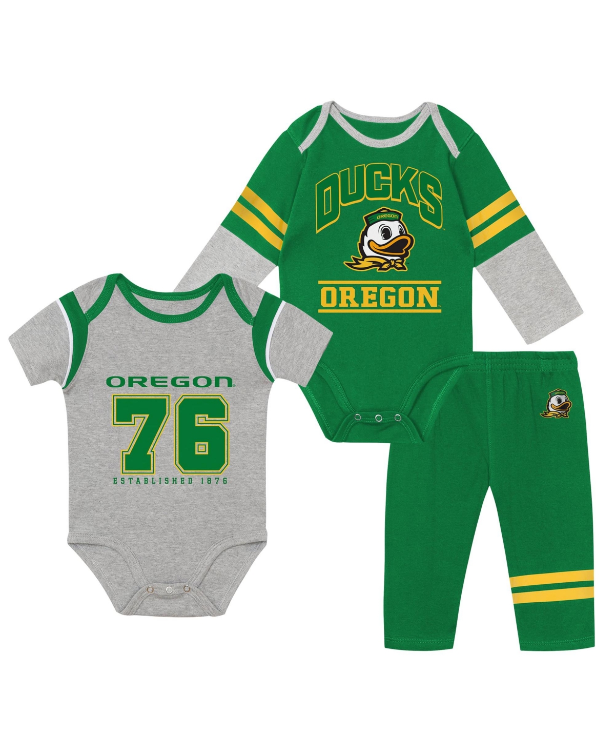 Baby Boys and Girls Outerstuff Oregon Ducks Double Up Three-Piece Bodysuits & Pants Set - Green, Gray