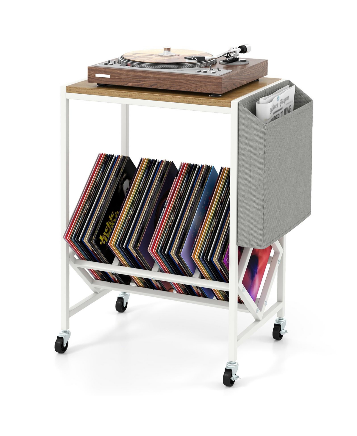 Mecale Rolling Record Player Stand 2-Tier with Vinyl Storage and Magazine Holder Bag
