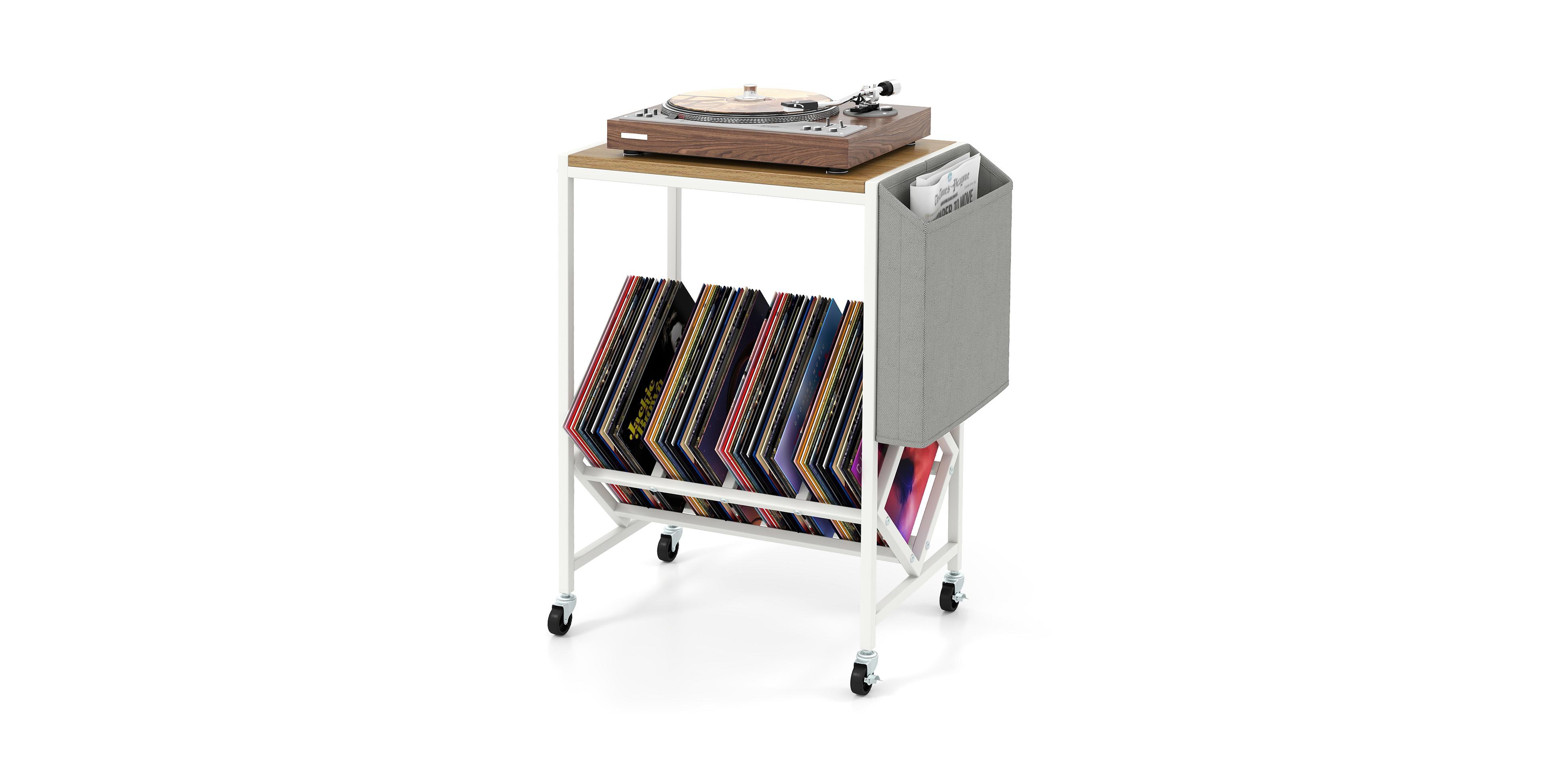 Mecale Rolling Record Player Stand 2-Tier with Vinyl Storage and Magazine Holder Bag