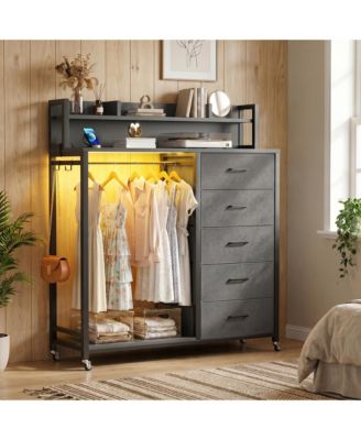 Wooden Portable Clothes Rack with 5 Drawers  and Charging Station and LED Lights