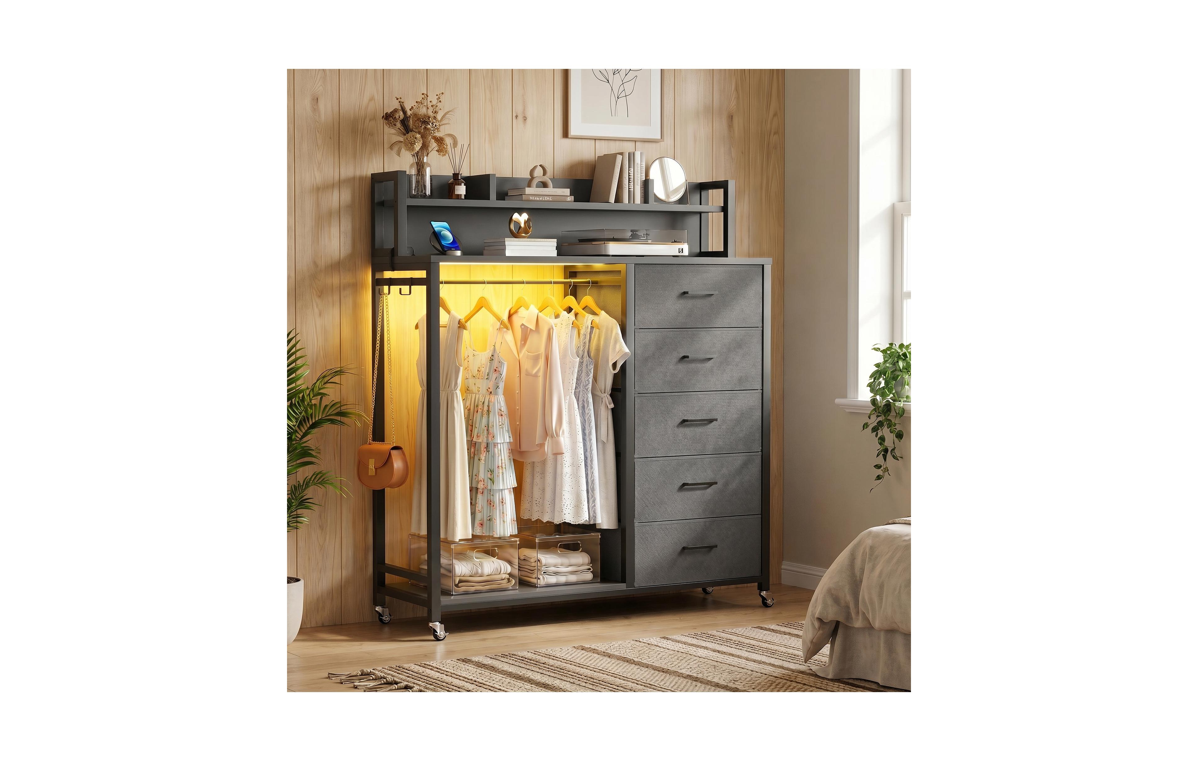 Aheaplus Wooden Portable Clothes Rack with 5 Drawers and Charging Station and Led Lights