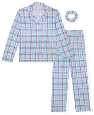 Girls' 4-16 Plaid Coat Long-Sleeve Button-Down Pajama Top and Pants, 3-Piece Set