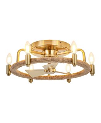 20.4" Farmhouse Gold Hemp Rope Chandelier Low Profile Caged Ceiling Fan with Light