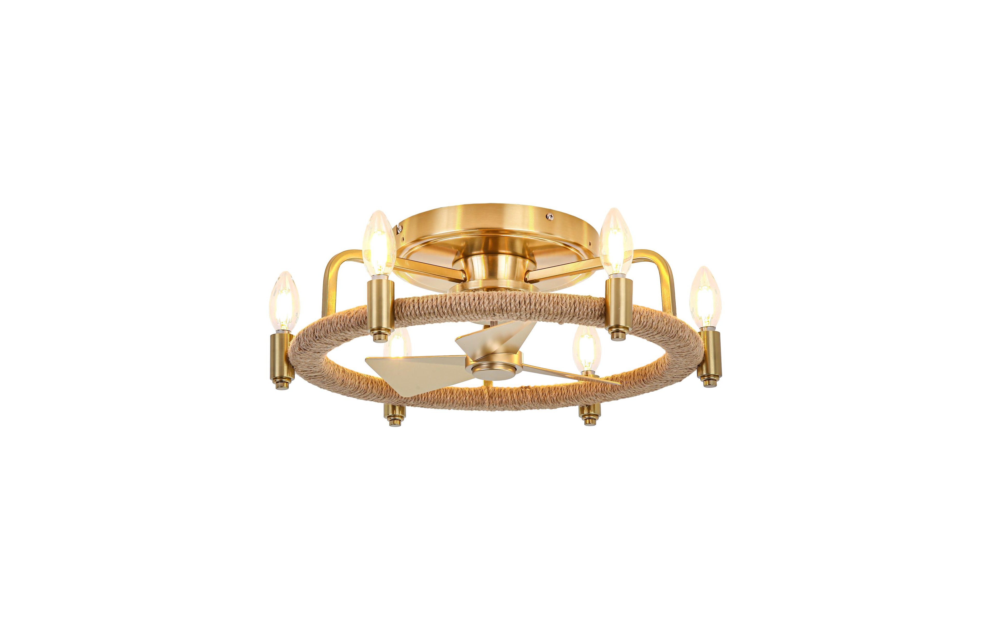 Parrot Uncle 20.4" Farmhouse Gold Hemp Rope Chandelier Low Profile Caged Ceiling Fan with Light