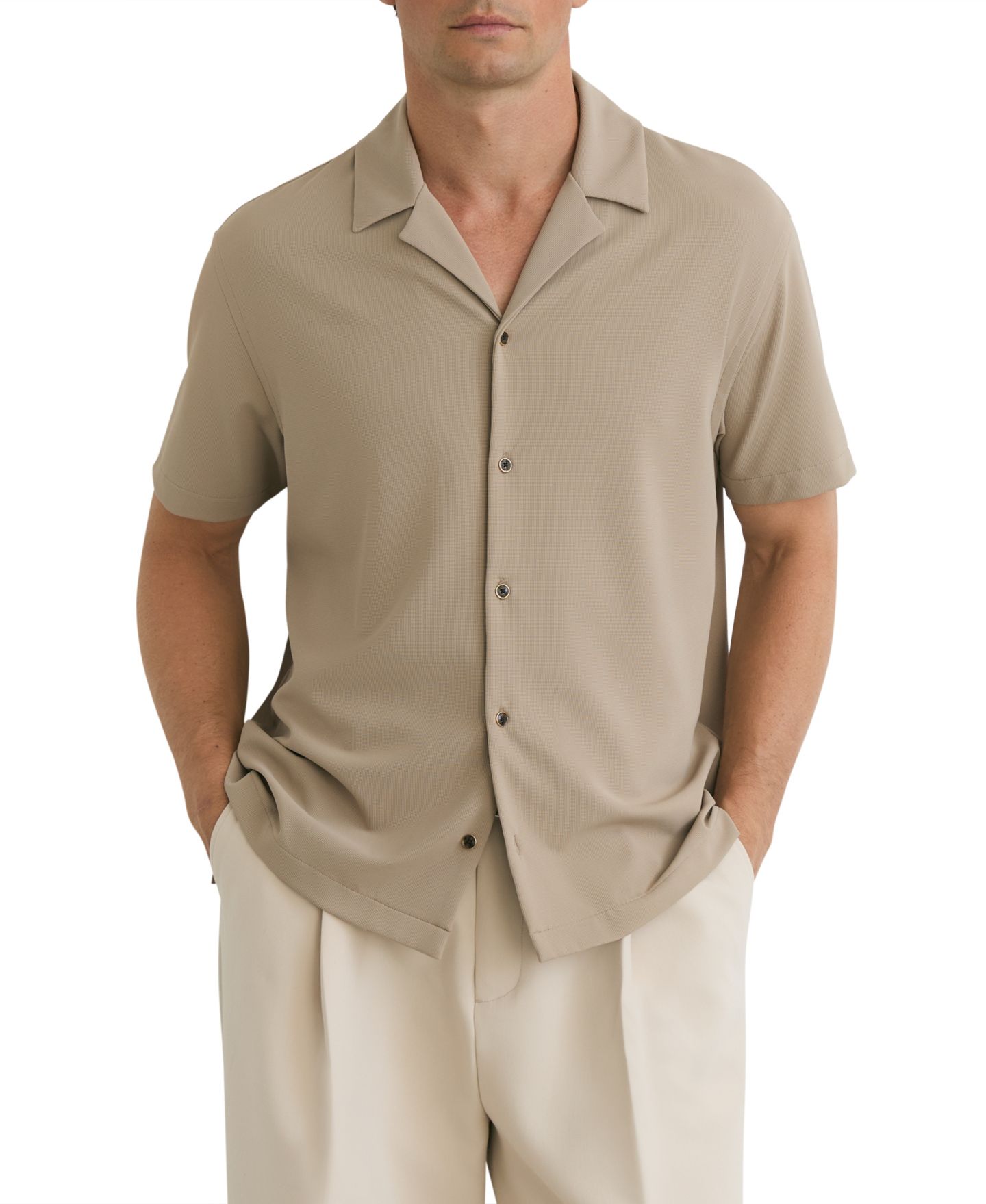 Мужская рубашка REISS River Short-Sleeve Slim-Fit Textured, цвет: Серо-бежевый — фото 1