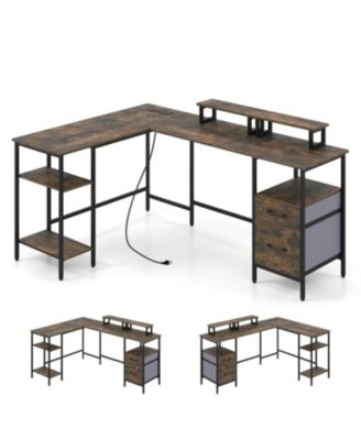 L Shaped Desk with Power Outlet Reversible Computer Desk with Monitor Stands