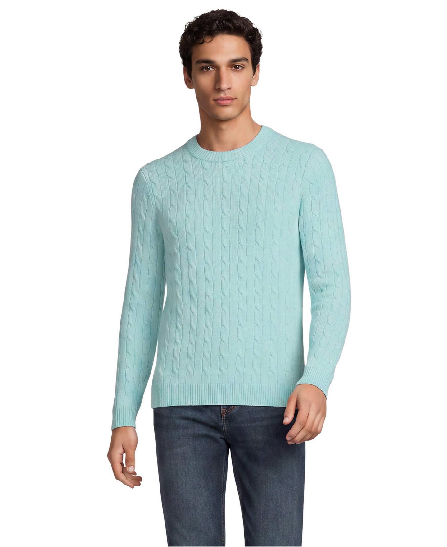 Мужской свитер Lands' End Long Sleeve Cashtouch Cable Crewneck, цвет: Light Seagrass — фото 1