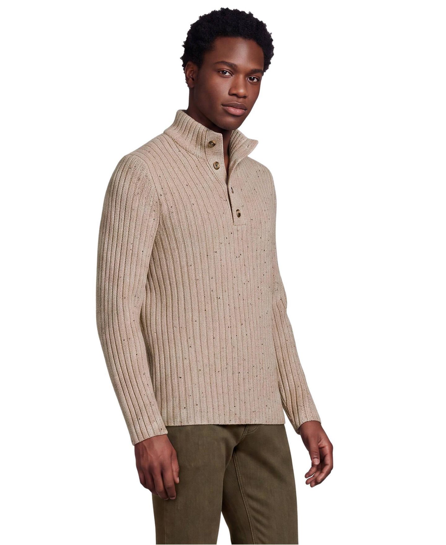 Мужской свитер Lands' End Long Sleeve Cotton Wool Button Up Mock, цвет: Тёмный овсяный — фото 1