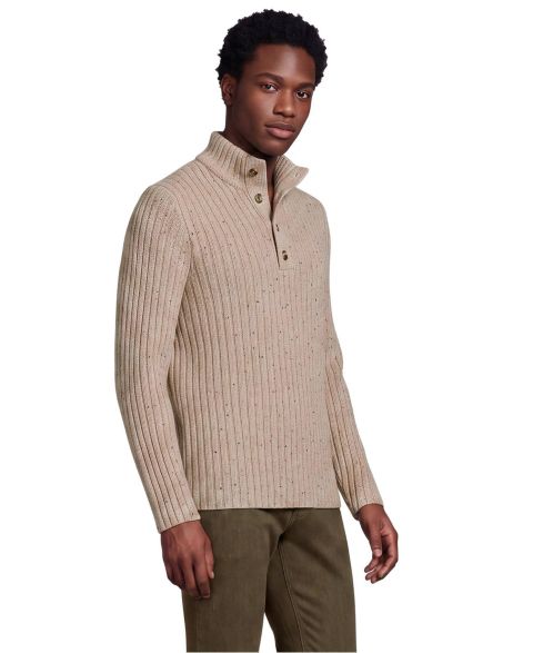 Мужской свитер Lands' End Long Sleeve Cotton Wool Button Up Mock, цвет: Тёмный овсяный