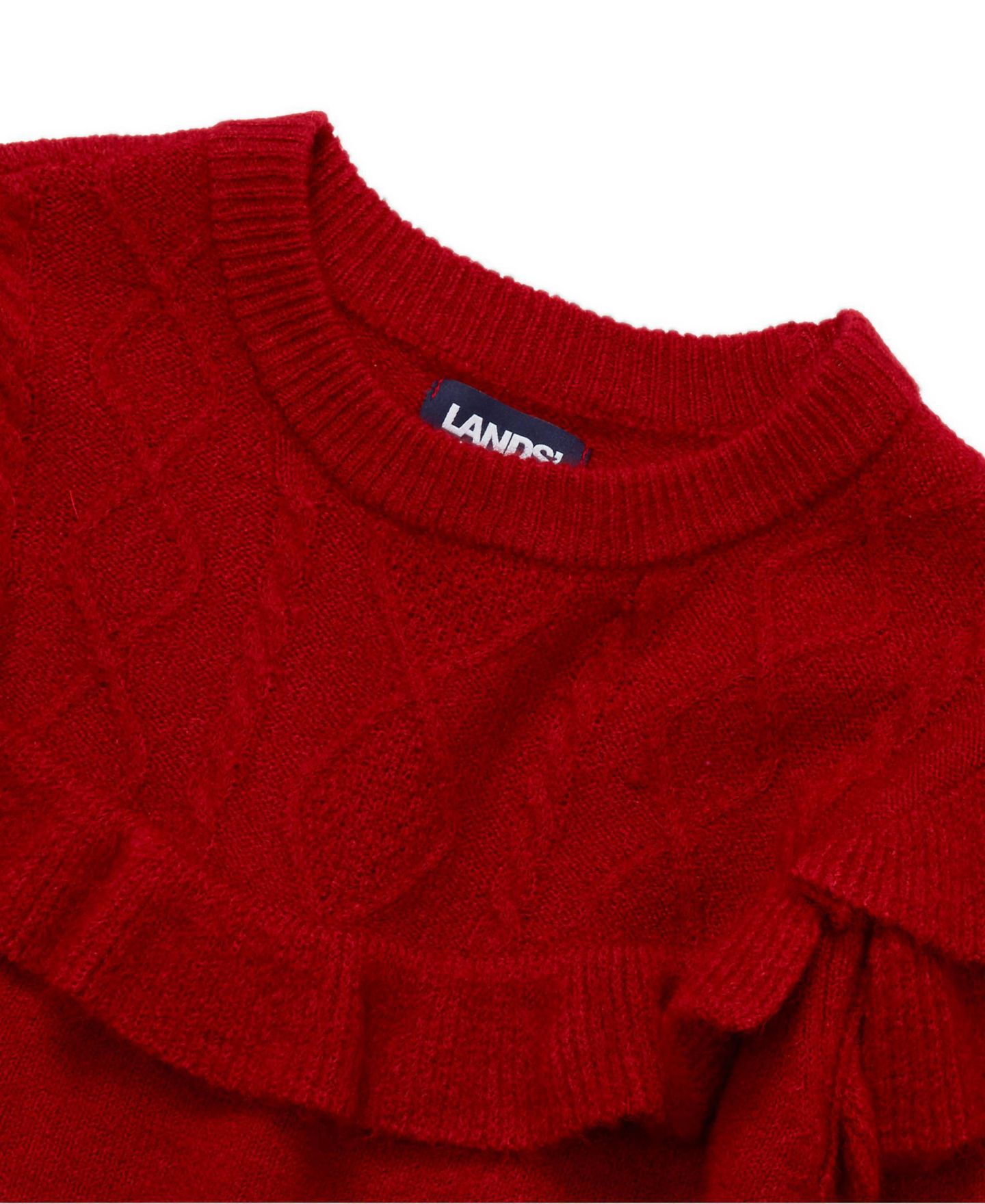 Свитер Lands' End Cable-Knit Ruffle Crewneck для девочек, цвет: Яркий красный — фото 3