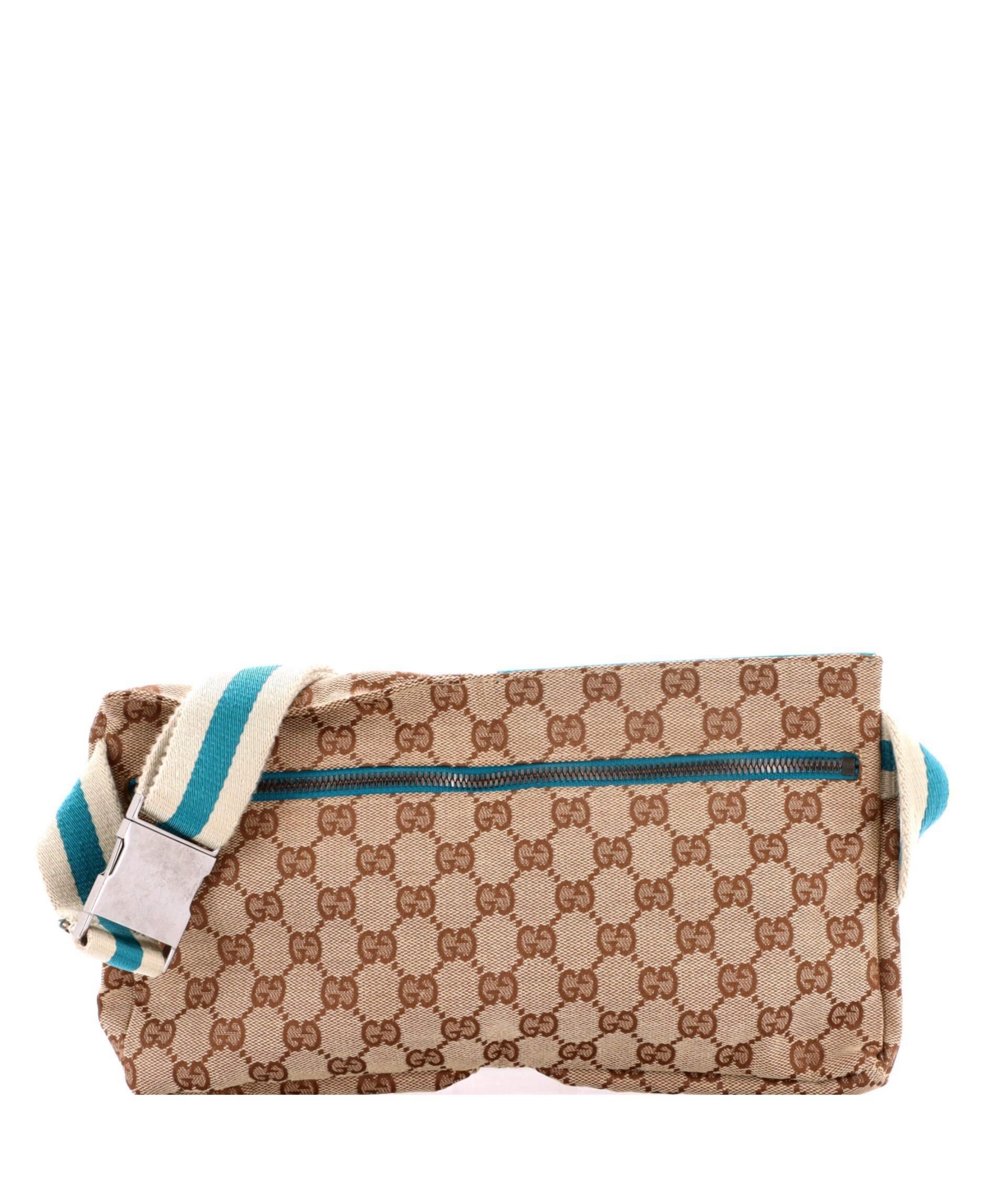 Pre-Owned Gucci Vintage Double Belt Bag Gg Canvas with Leather, Adjustable Strap - Blue