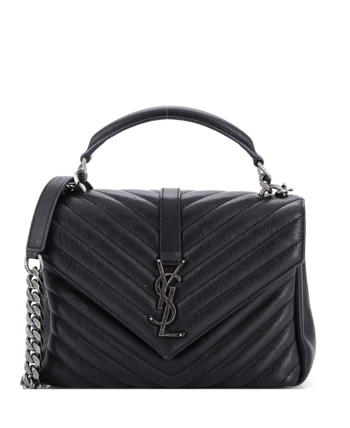Pre-Owned Saint Laurent Classic Monogram College Medium Matelasse Chevron Chain Strap Shoulder Bag, 9"W x 6.5"H x 2"D - Black