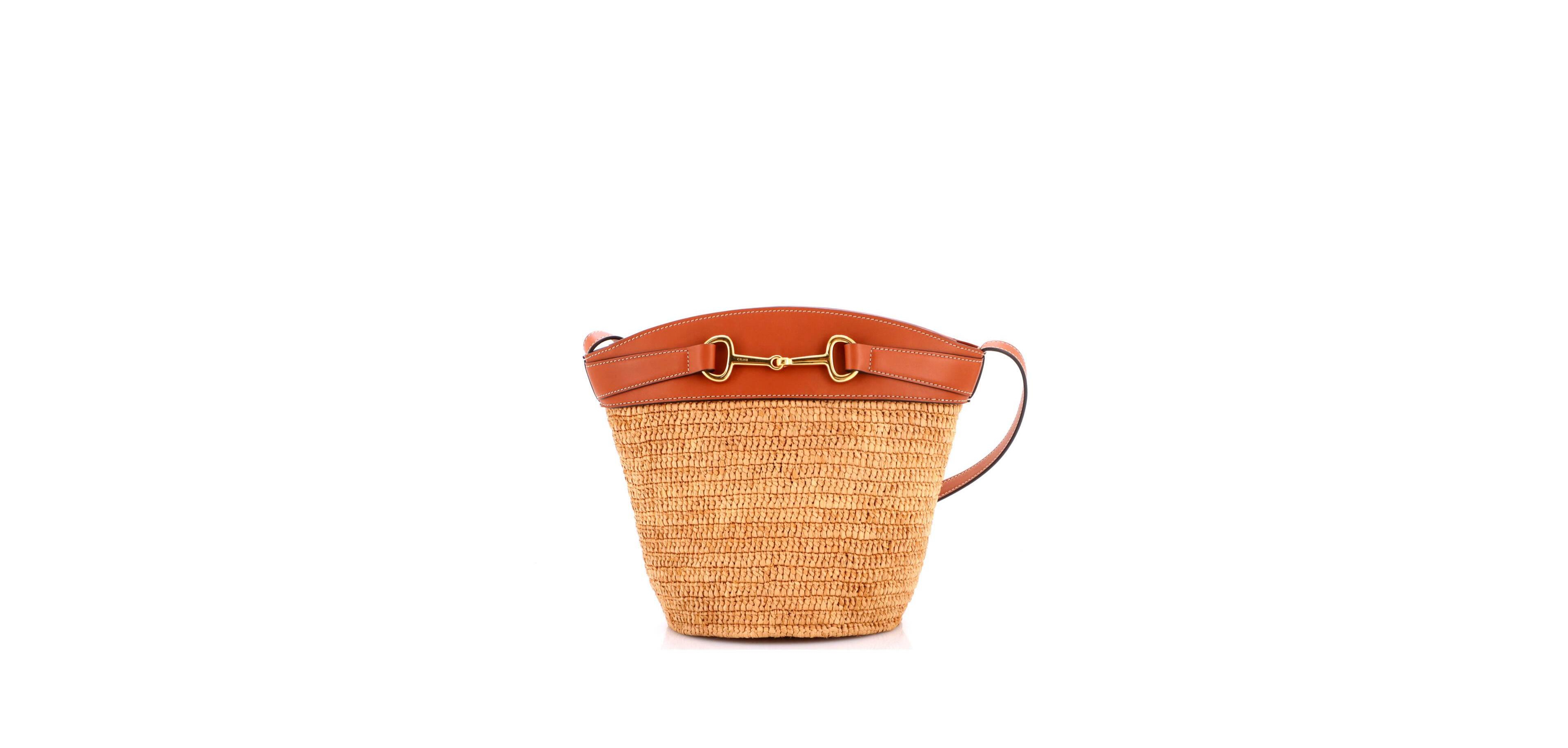 Pre-Owned Celine Crecy Raffia and Leather Bucket Bag, 7"W x 9"H x 6.5"D