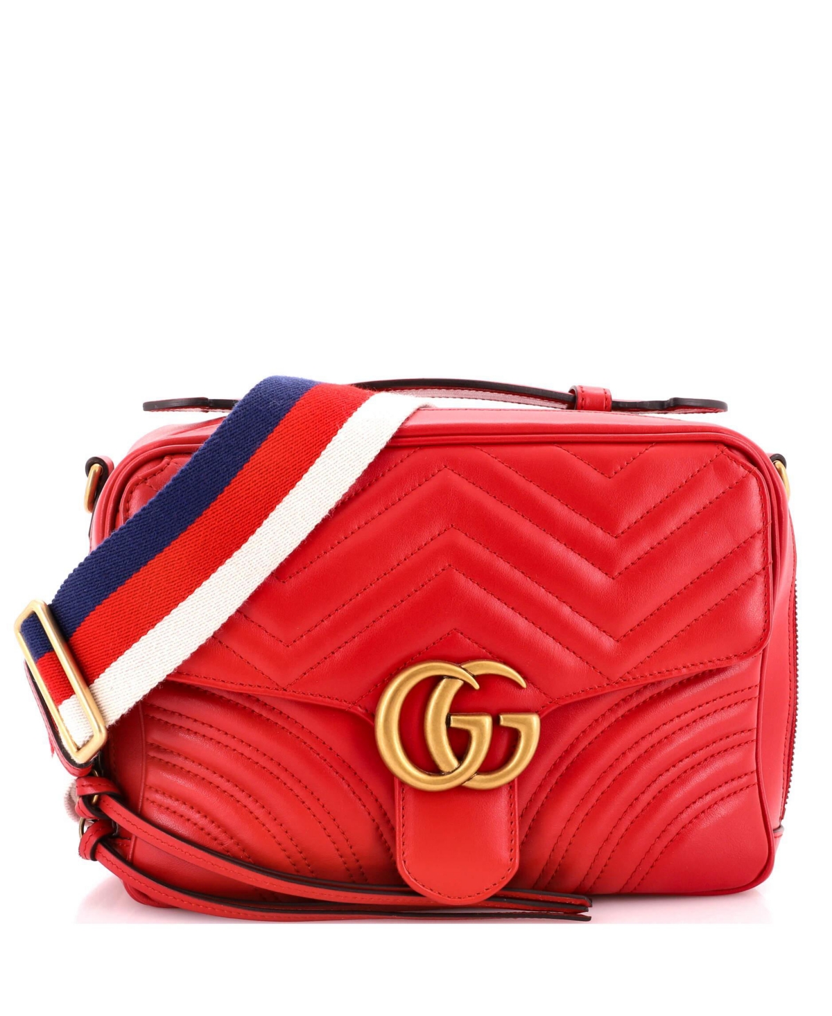 Pre-Owned Gucci Small Gg Marmont Zip Around Camera Bag Matelasse Leather - Red