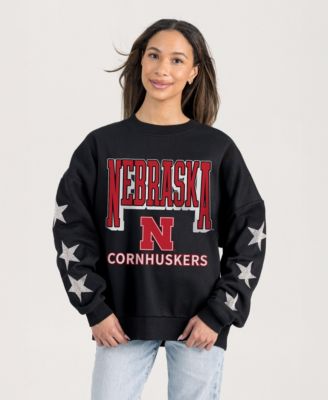 Women's Black Nebraska Huskers Pure Victory Relaxed Rhinestone Pullover Sweatshirt