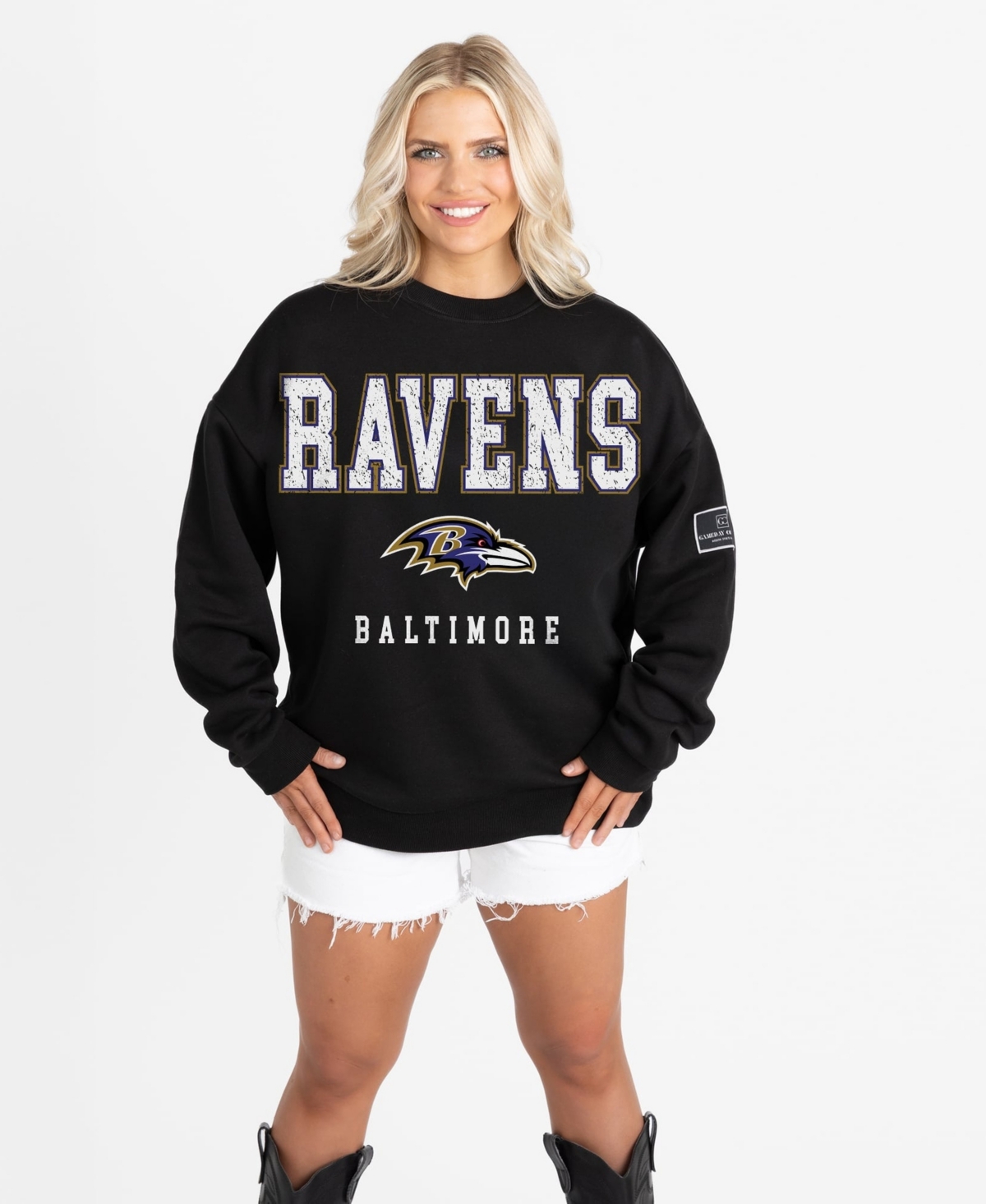 Women's Gameday Couture Black Baltimore Ravens Oversized Level Up Black Label Premium Fleece Sweatshirt