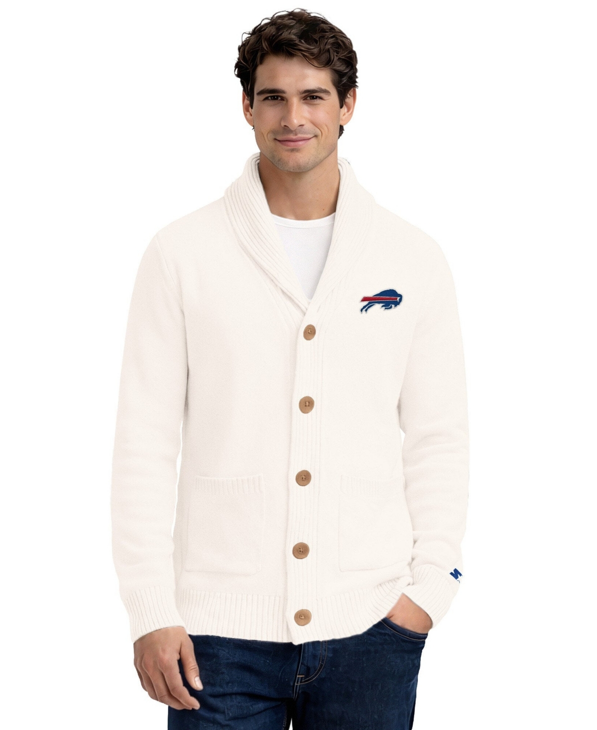 Starter Men's Buffalo Bills Shawl-collar Heavy-knit Cardigan In White