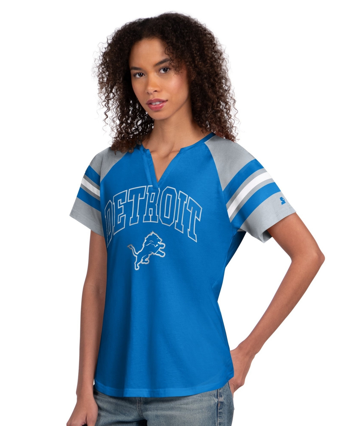 Women's Starter  Blue Detroit Lions Game On Notch Neck Raglan T-Shirt