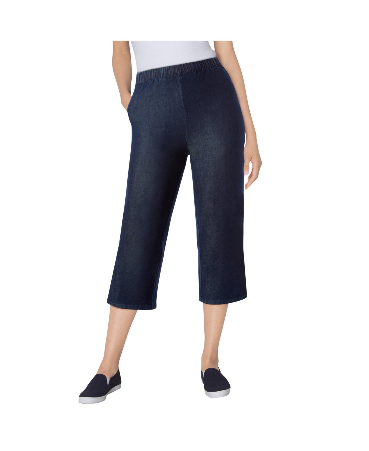 Woman Within Women's Within Fineline Stretch Denim Pull-On Capri Jeans - Indigo sanded
