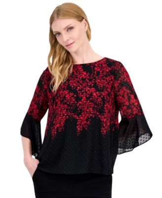 Women's Ruffle-Sleeve Floral Boat-Neck Blouse