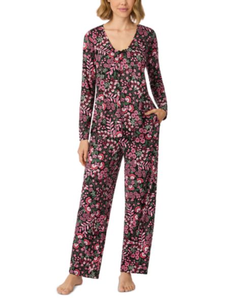 Ellen Tracy Women's V-Neckline Long-Sleeve Top and Pants, 2-Piece Pajama Set, цвет: Чёрный с принтом