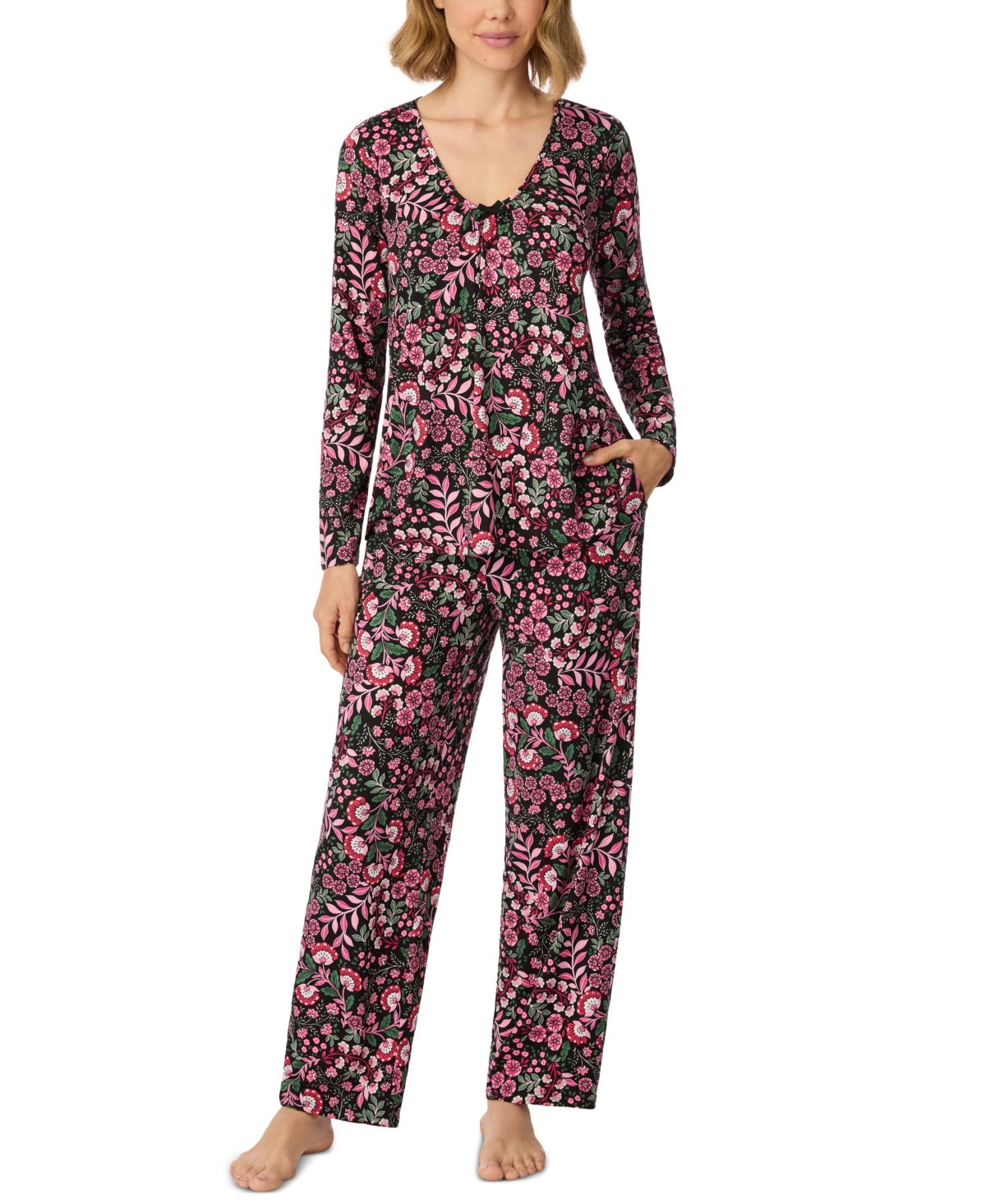 Ellen Tracy Women's V-Neckline Long-Sleeve Top and Pants, 2-Piece Pajama Set - Black Floral