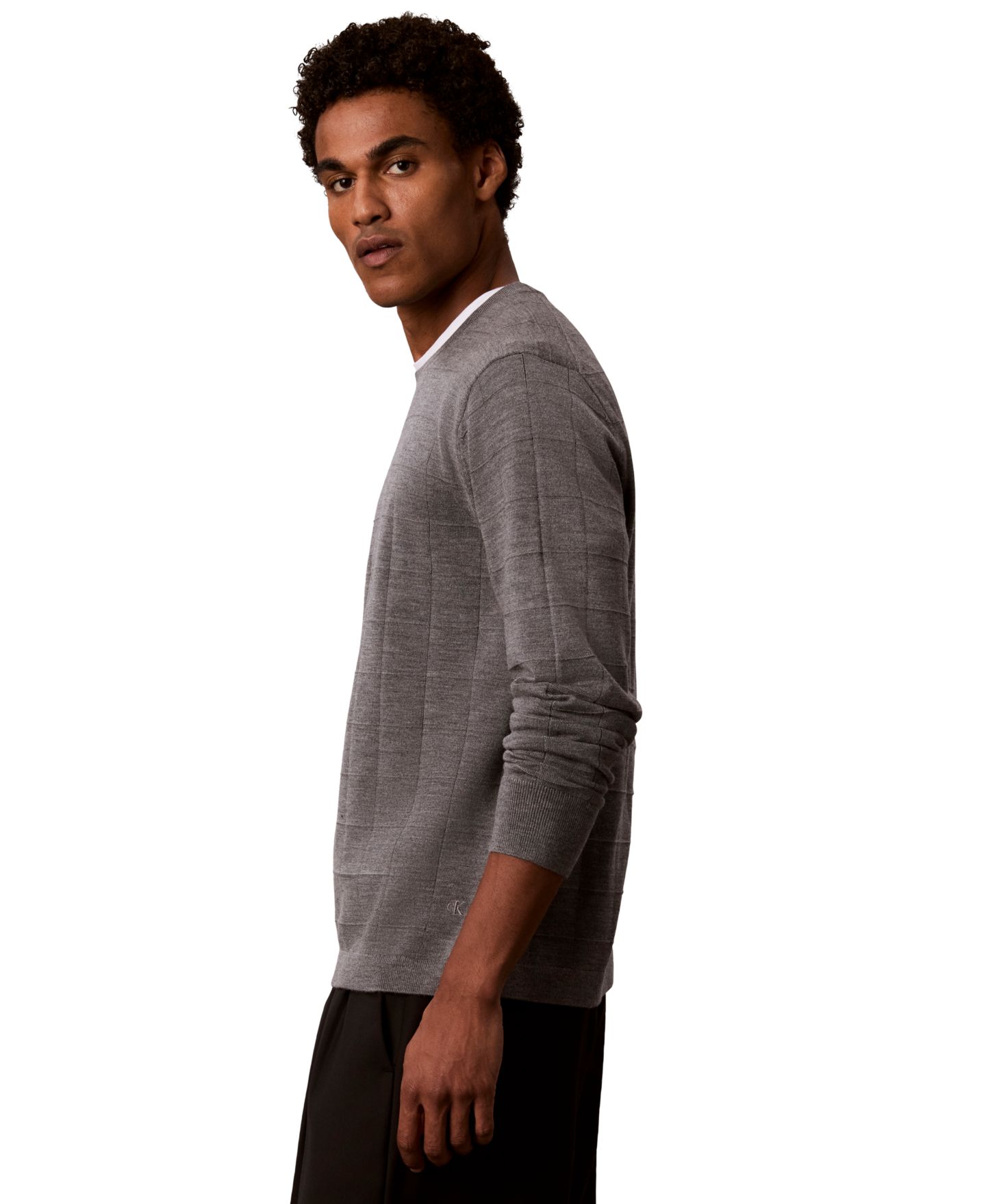 Мужской свитер Calvin Klein Merino Grid Lightweight Crewneck, цвет: Средний серый меланжевый — фото 4