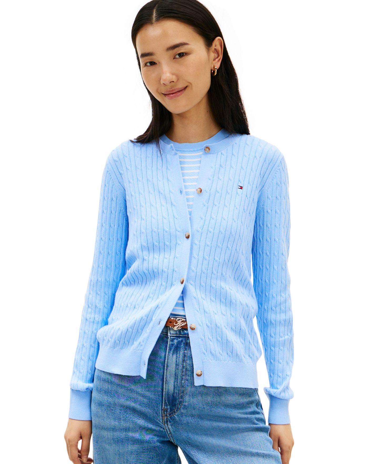 Женский кардиган Tommy Hilfiger Cable Knit Crew Neck Cardigan, цвет: Тёмный ночной тёмно-синий — фото 7