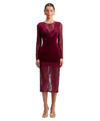 Women's V-Neck Long-Sleeve Midi Velvet and Lace Dress