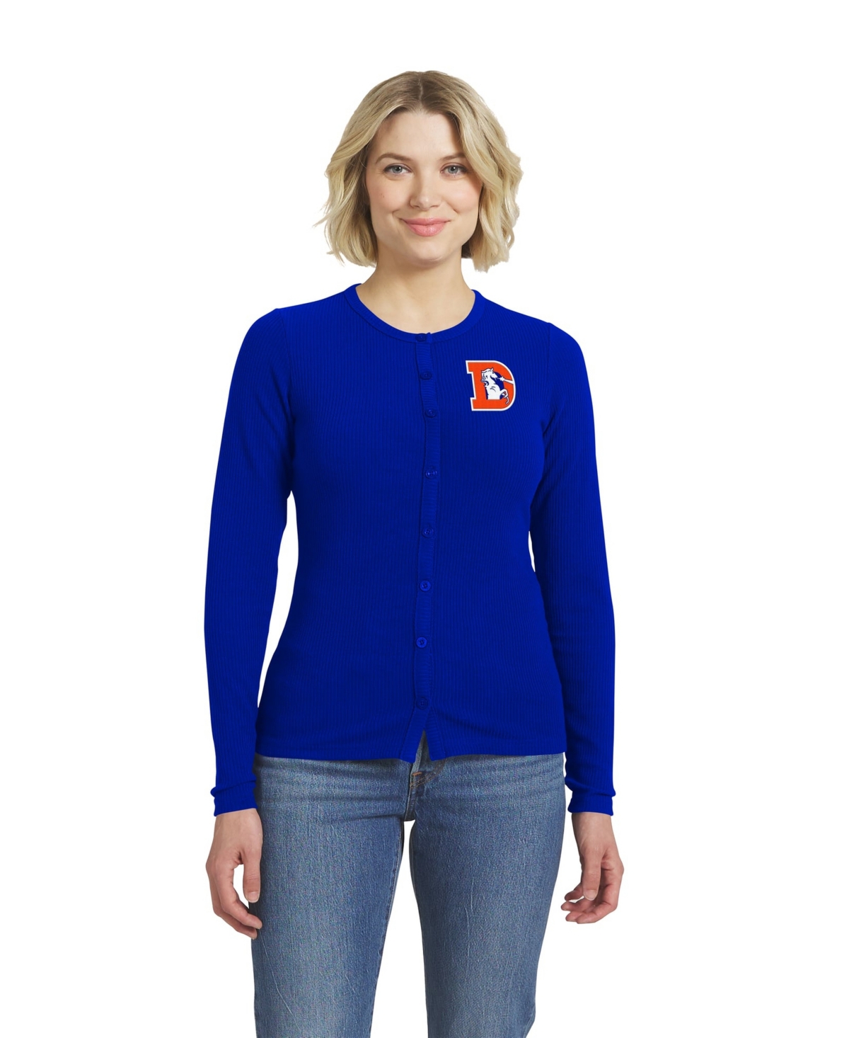 Wear by Erin Andrews Women's Royal Denver Broncos Ribbed Full-Button Cardigan Sweater