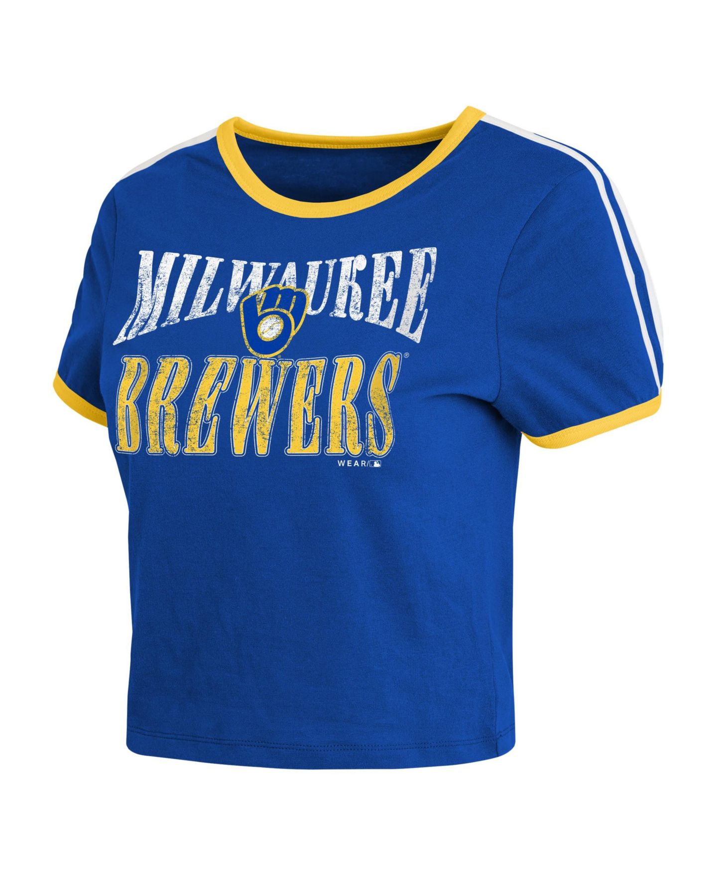 Женская футболка WEAR by Erin Andrews Royal Milwaukee Brewers Cropped Throwback Ringer Baby T-Shirt — фото 3