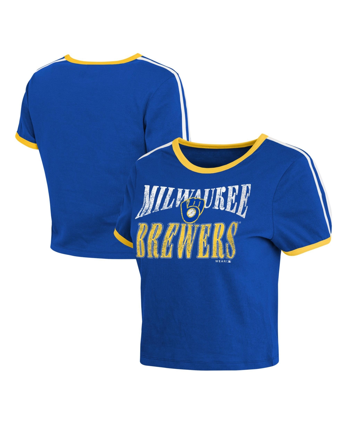 Wear by Erin Andrews Women's Royal Milwaukee Brewers Cropped Throwback Ringer Baby T-Shirt