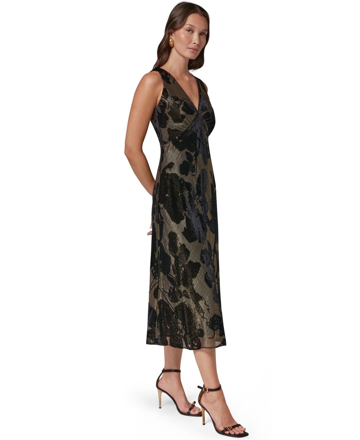 Женское платье Donna Karan New York Floral A-Line Metallic Velvet Burnout Midi, цвет: Чёрный / Золотой — фото 2