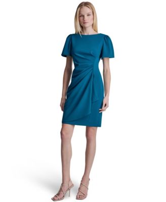 Women's Short-Sleeve Scuba Crepe Ruched Sheath Dress