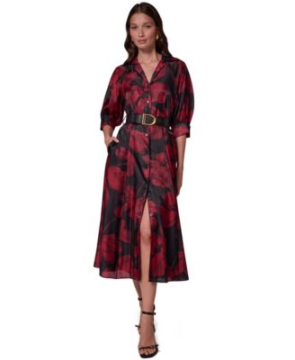 Women's Floral-Print 3/4-Sleeve Midi Shirtdress