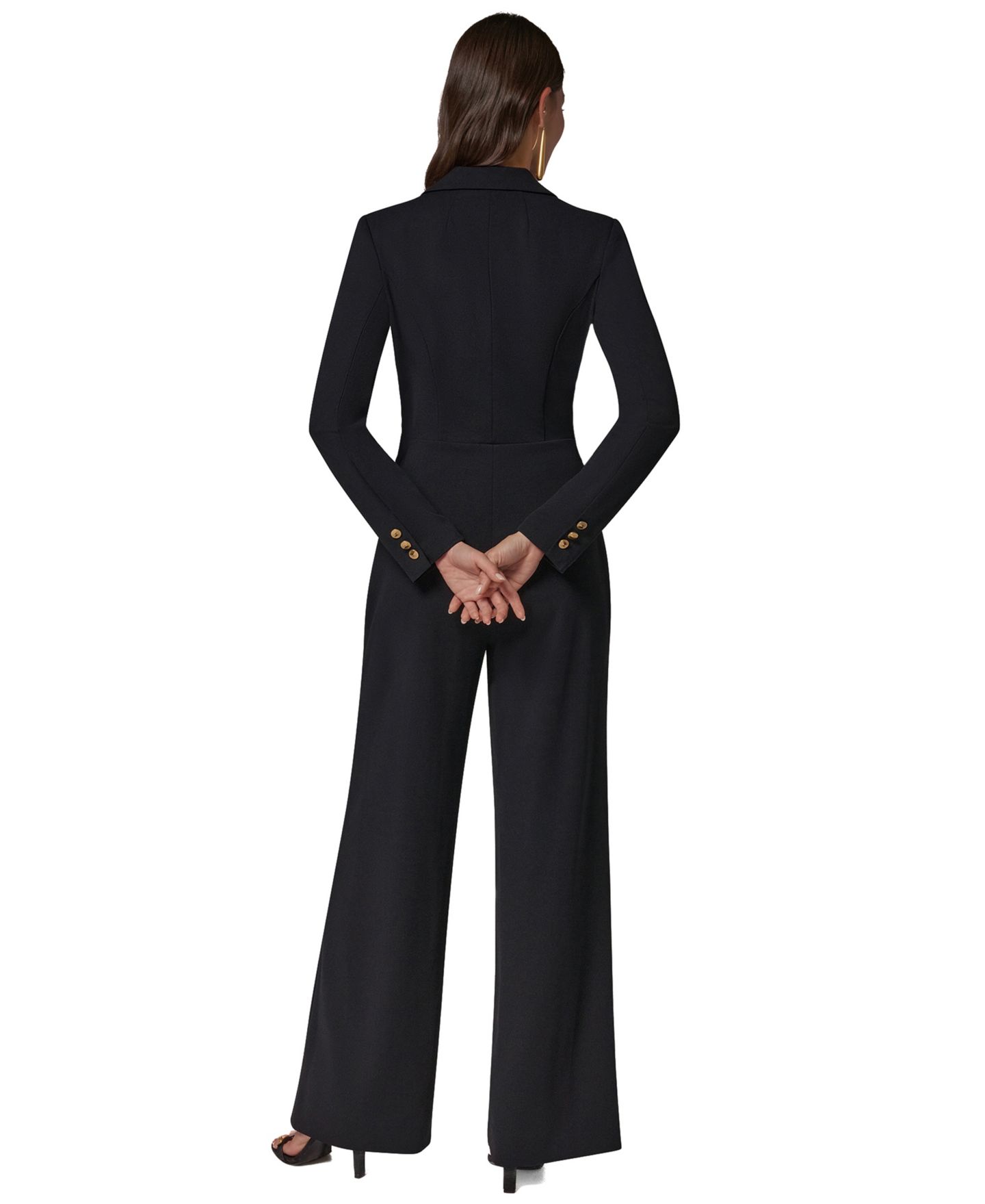 Женский комбинезон Donna Karan New York Satin Lapel Long-Sleeve Double-Breasted Wide-Leg Jumpsuit, цвет: Чёрный — фото 5