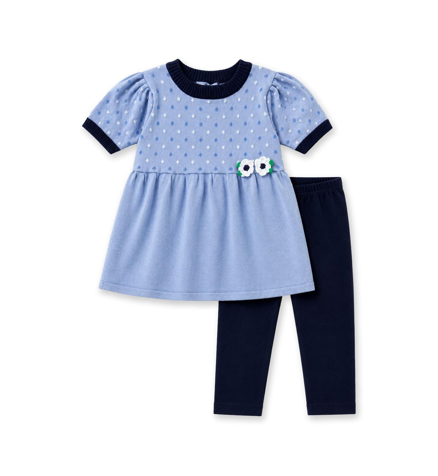 Florence Eiseman Girls' 4-16 Polka-Dot Crocheted-Flower Sweater Tunic and Leggings, 2-Piece Set, цвет: Синий / Тёмно-синий — фото 1