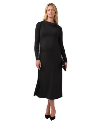 Maternity Long-Sleeve Mock-Neck Ruched Midi Dress