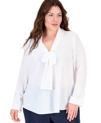 Plus Size Sailor Tie Long-Sleeve Blouse