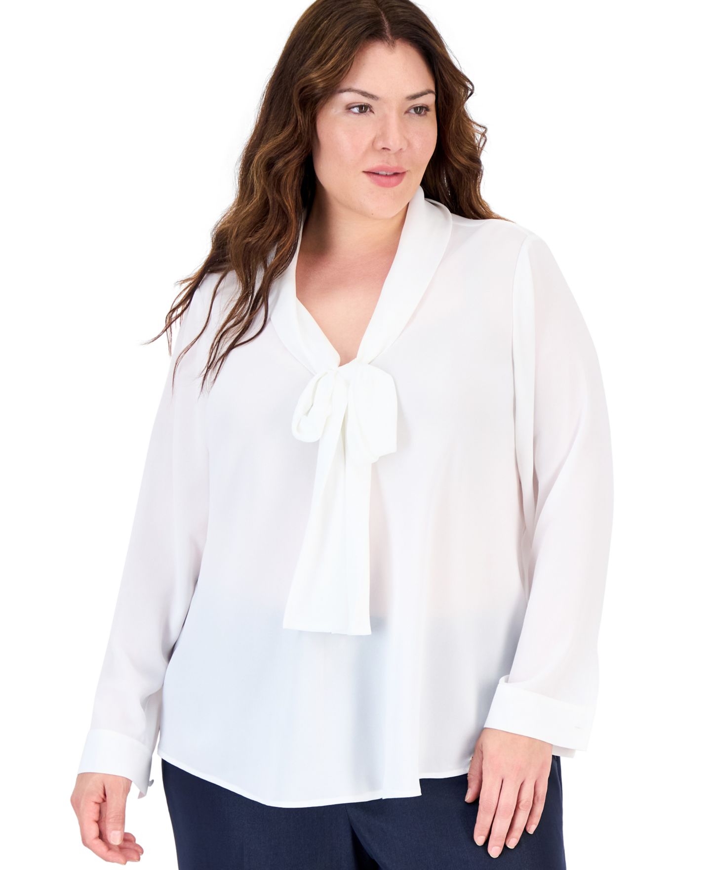 Женская блузка Tahari Plus Size Sailor Tie Long-Sleeve, цвет: Слоновая кость — фото 1