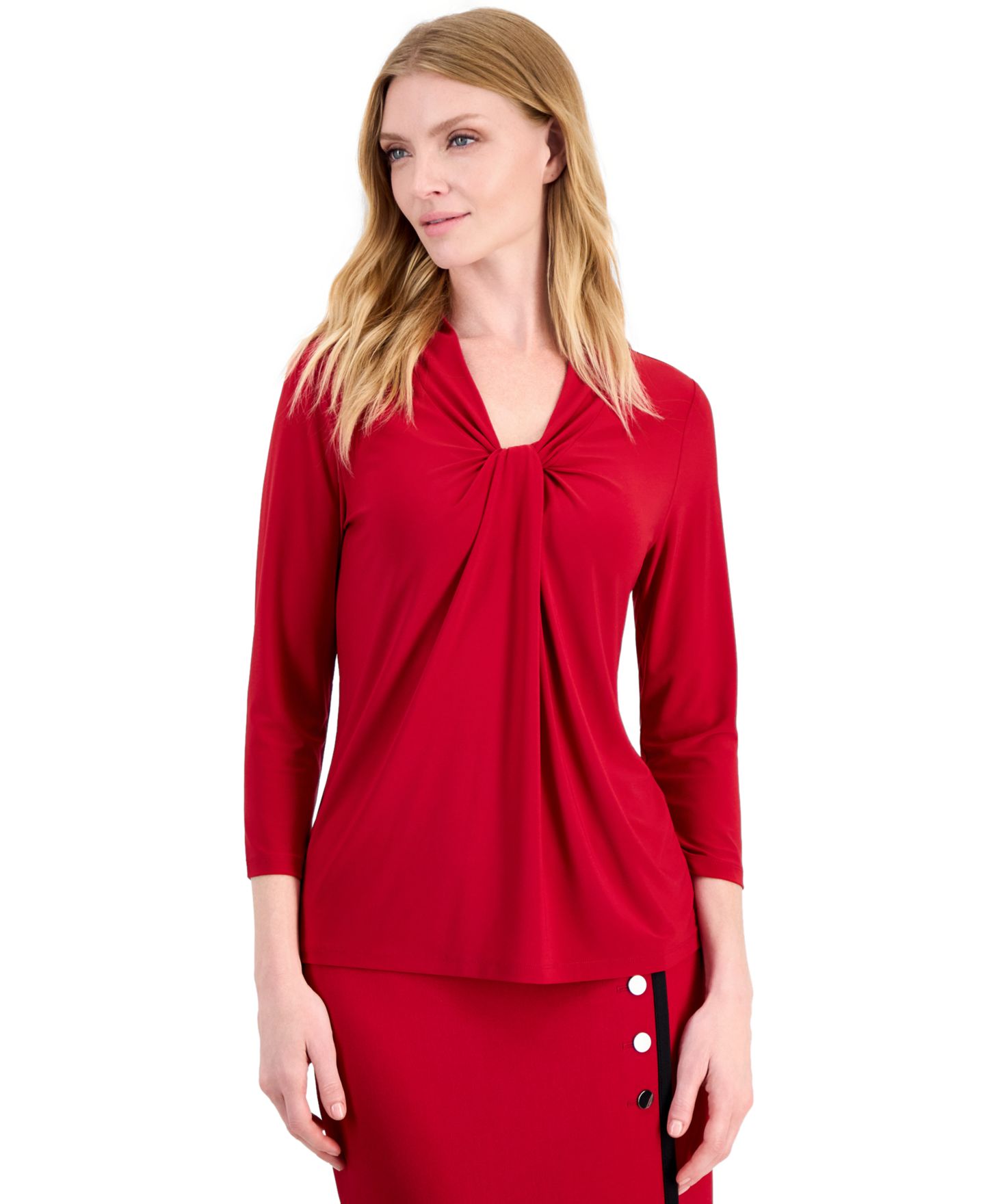 Женский топ Kasper 3/4-Sleeve Knot Neck Jersey Knit Top, цвет: Красный — фото 1
