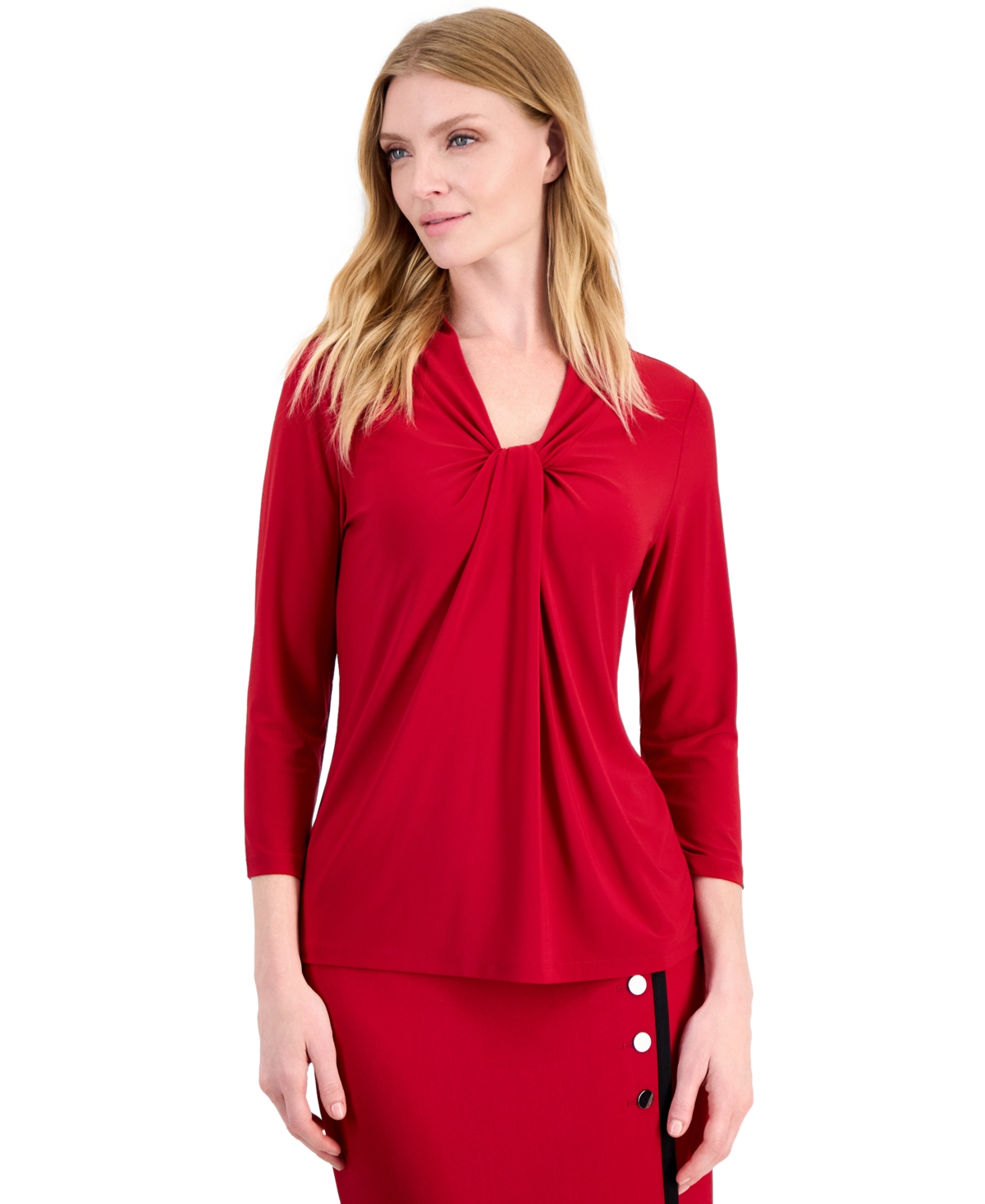 Kasper Petite Knot-Front V-Neck 3/4-Sleeve Blouse - Fire Red