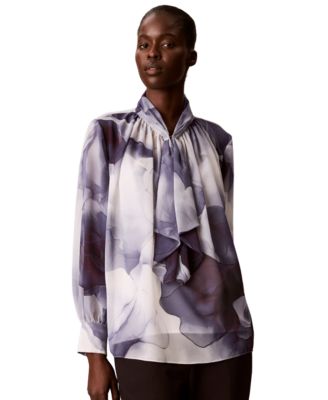 Petite Chiffon Ruffled-Neckline Long-Sleeve Blouse