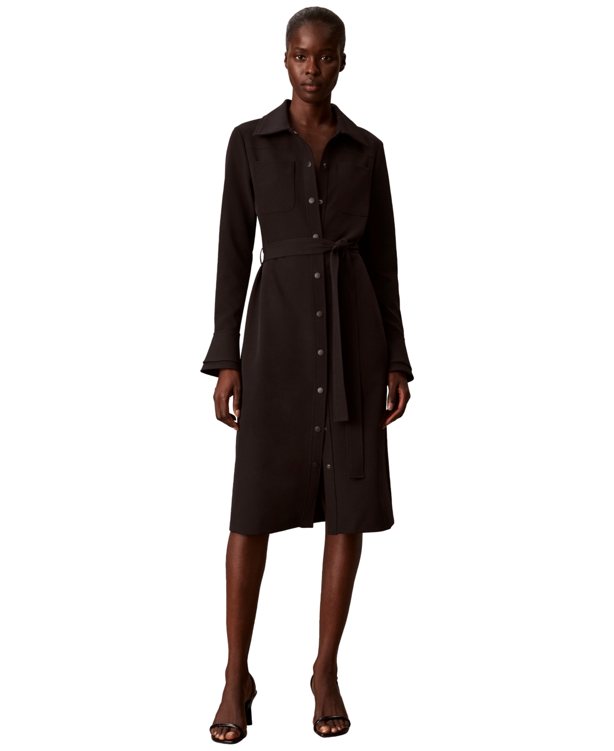 Calvin Klein Petite Snap-Front Long-Sleeve Midi Dress - Black