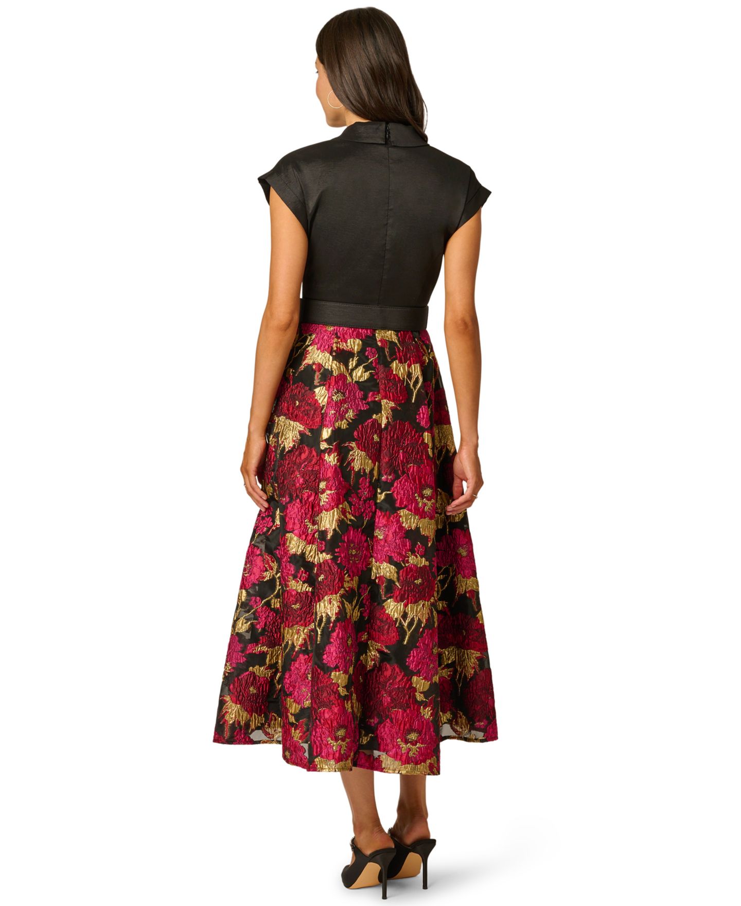 Женское платье Adrianna Papell Petite Floral-Print A-Line Midi Shirt Dress, цвет: Чёрный розовый разноцветный — фото 5