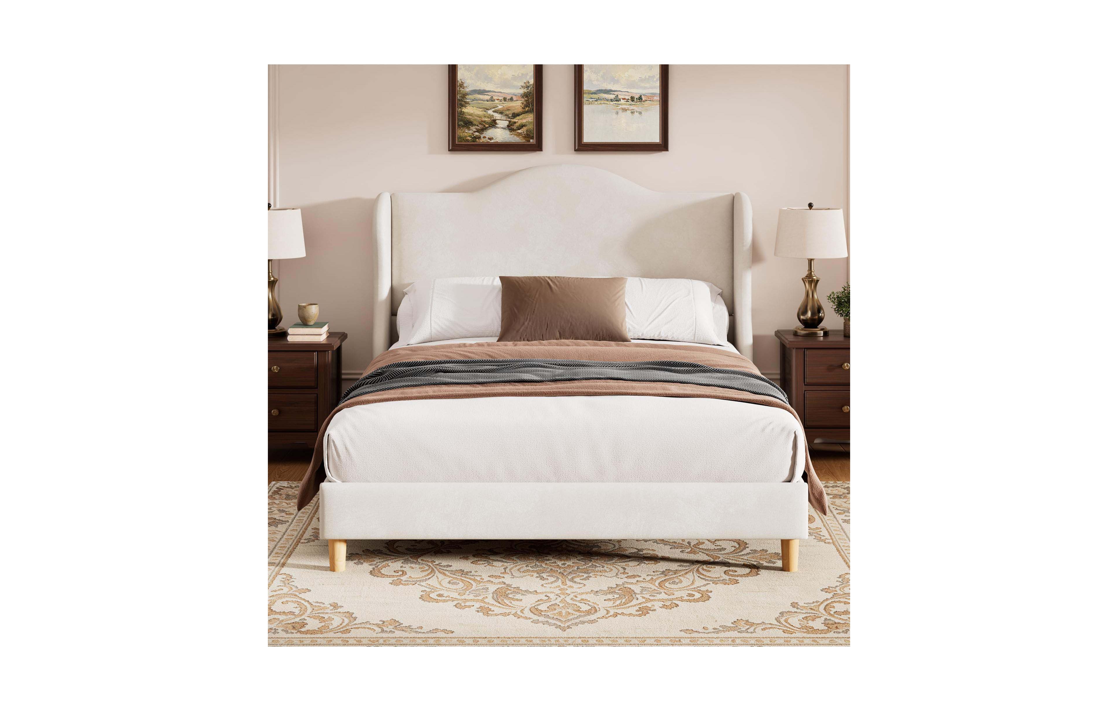homfan Velvet Wingback Upholstered Platform Bed Frame with Tall Gothic Headboard Sturdy Wooden Slats for Bedroom